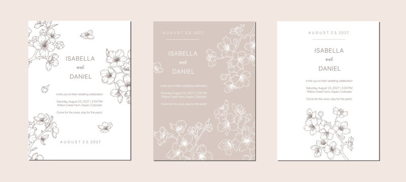 Set of sakura line art wedding card design. Spring flower frame poster background template. Cherry blossom hand drawn floral birthday party abstract decoration invitation. Vector illustration
