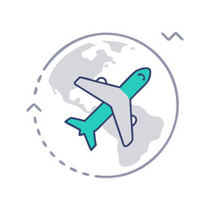 Naklejka premium A stylized airplane flying around a globe, symbolizing global travel and connectivity, representing the excitement of exploration and adventure in aviation, ideal for travel-themed projects.