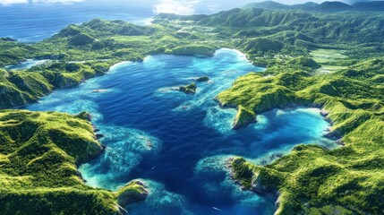 Tropical island aerial view, turquoise bay, lush greenery, sunny day, travel brochure