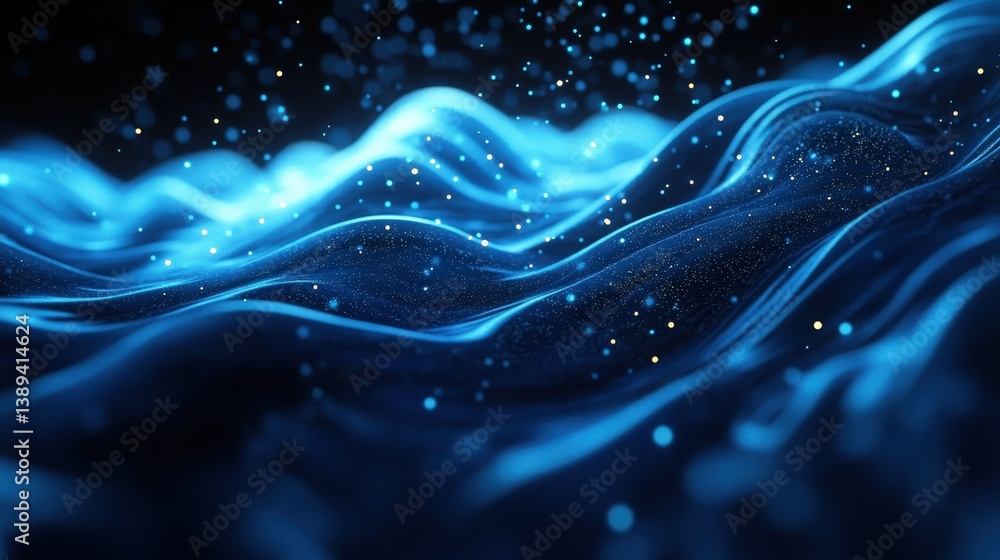 Poster mesmerizing abstract 3d liquid simulation, with glowing waves rippling through a dark void.