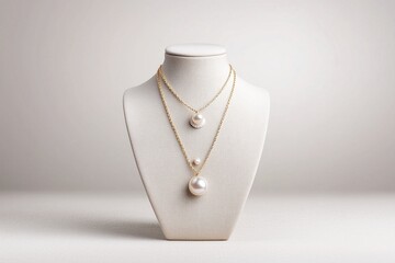 Elegant pearl necklaces displayed on a soft fabric bust in a well-lit studio setting