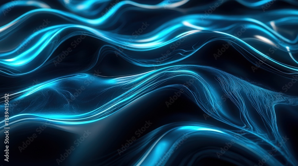 Poster mesmerizing abstract 3d liquid simulation, with glowing waves rippling through a dark void.