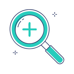 Fototapeta premium Flat icon of a magnifying glass with a medical cross, symbolizing medical research, health analysis, diagnosis, and search for clinical information, drawn in clean vector style 