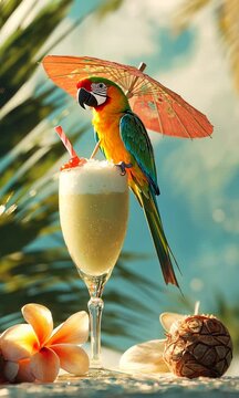 A small parrot perched on a cocktail umbrella, hovering above a pi&Atilde;&plusmn;a colada.