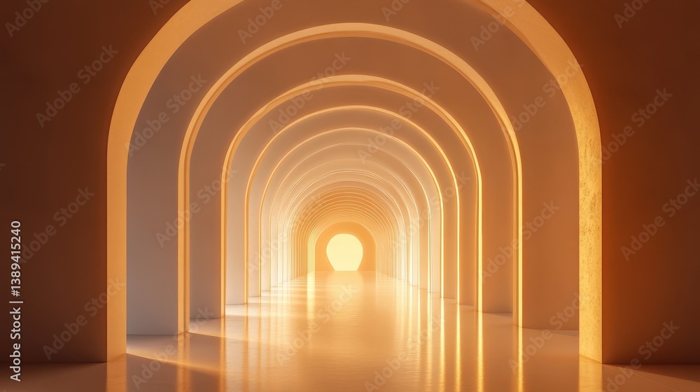 Poster mesmerizing abstract corridor with infinite repeating archways illuminated by soft ambient light