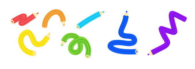 Vector illustration set of cute twisted pencils in rainbow colours. Abstract tangled writing pens in cartoon style. Simple flat icons for school and children.