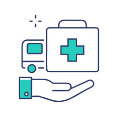 Obraz premium An illustrated hand holds a first aid kit with a medical truck in the background, symbolizing healthcare, emergency response, and the importance of medical assistance in urgent situations.