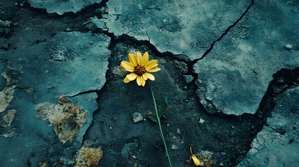 Single yellow flower cracks in dried earth