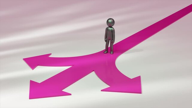 Metallic mannequin is walking on a pink arrow splitting into two, symbolizing choices, decisions, and different paths in business and life