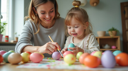 Obraz premium Smiling mom and daughter painting Easter eggs at home. Happy family preparing for Easter and painting Easter eggs. Easter traditions, celebration. Happy Easter! Young woman and girl painting eggs