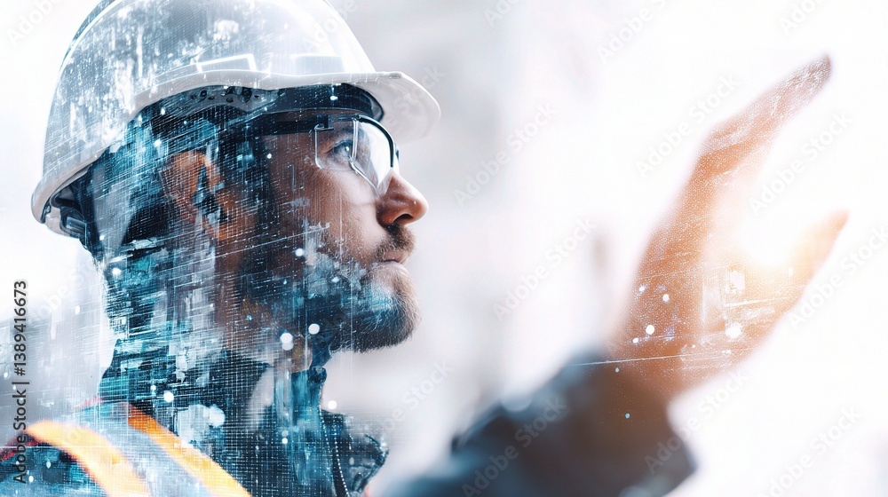 Poster double exposure image of construction worker with futuristic overlay