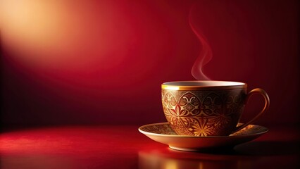 Fototapeta premium Aromatic Steam Rising from an Ornate Teacup on a Rich Red Surface