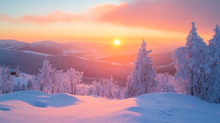 Breathtaking sunset over snow-covered mountain range.