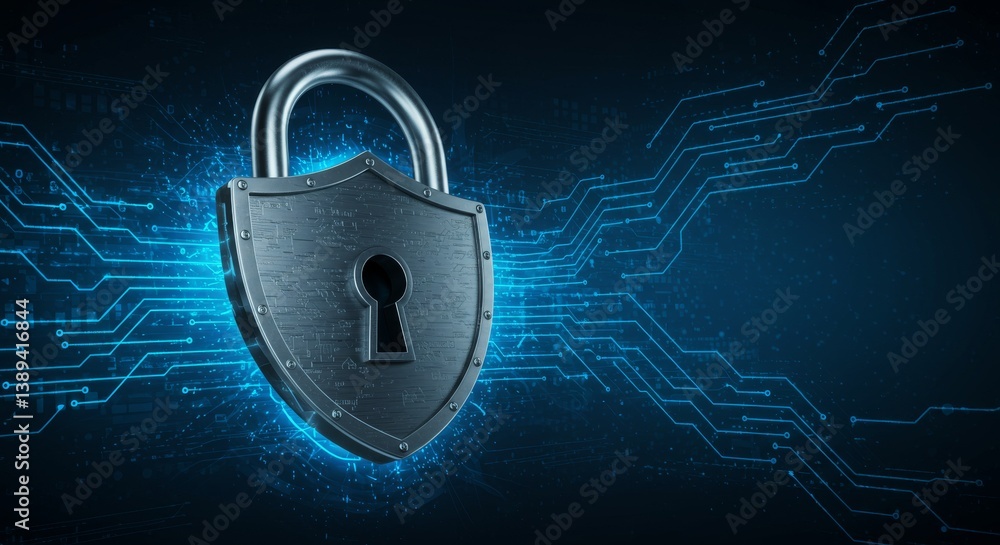 Poster security shield - a strong padlock shaped like a shield on a background, representing online securit
