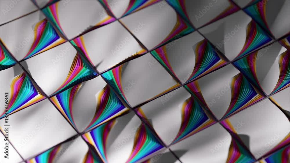 Poster rainbow-colored edges create a vibrant and dynamic abstract pattern on a surface of white tiles, add