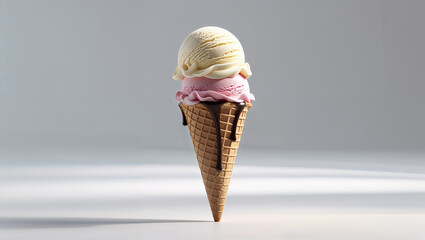 Delicious Ice Cream Cone With Two Scoops And Chocolate Drizzle Isolated