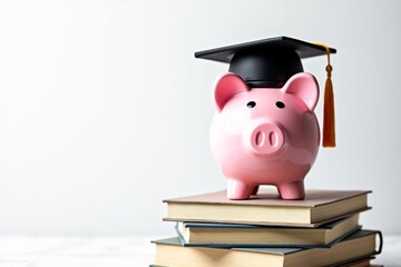 Piggy bank dressed in graduation cap placed on stack of books representing financial education and student success