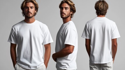 Man showcasing plain white tee from front, side, and back views
