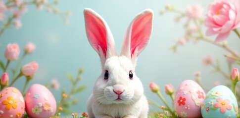 Obraz premium A close-up of Easter bunny ears with decorated eggs and stems, set against a delicate floral pattern and pastel colors, flower arrangement, easter bunny ears