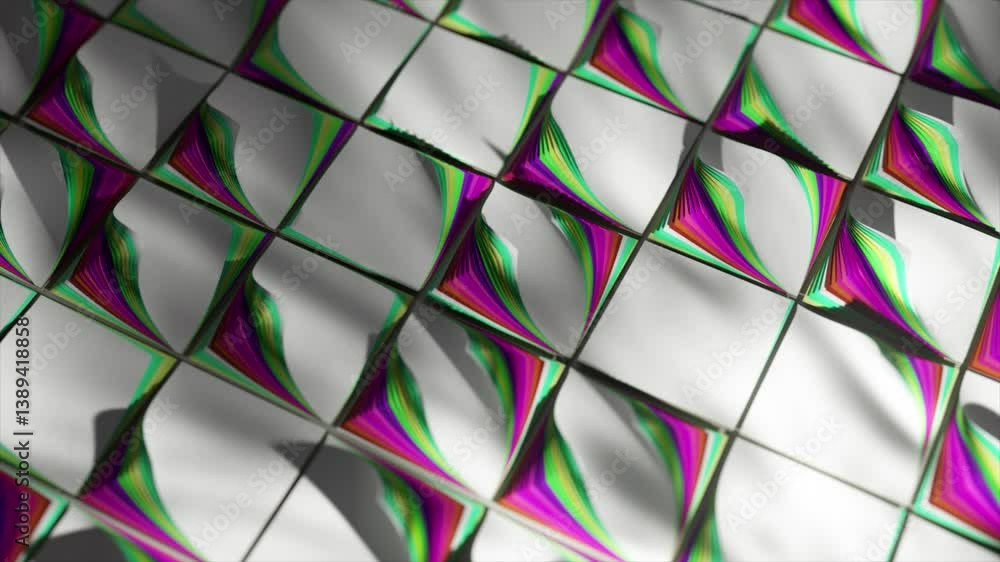 Poster thin sheets of colorful paper are folded and arranged on white tiles, creating an abstract and visua