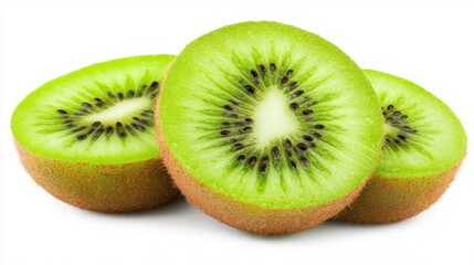 Fototapeta premium Freshly sliced kiwi revealing its vibrant green flesh, tiny black seeds, and delicate translucent pulp on a clean white background.