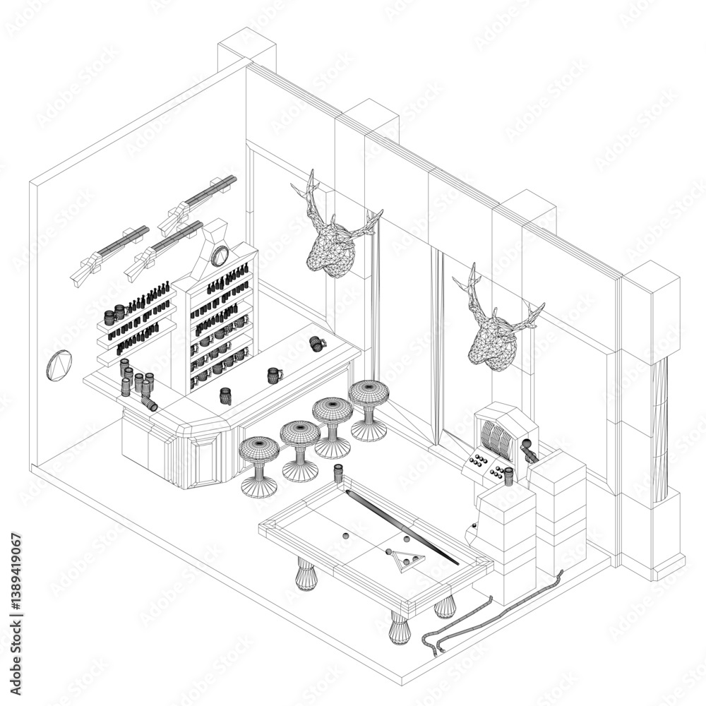 Aufkleber a drawing of a bar with a counter and a few stools. there are two deer heads on the wall. isometric 