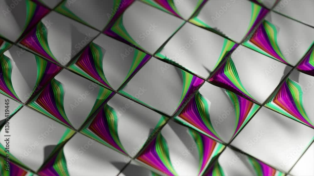 Poster abstract background showing a waving surface made of white squares with colorful stripes, creating a
