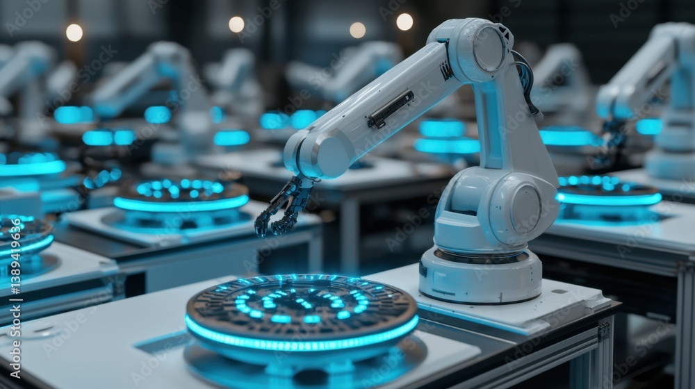 Poster futuristic warehouse automation system with robotic arms and conveyor belts operating in perfect har