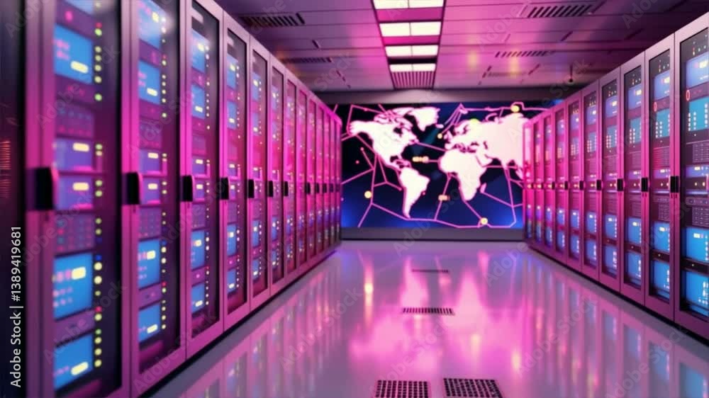 Poster futuristic data center with vibrant lighting, showcasing server racks and digital world maps for tec