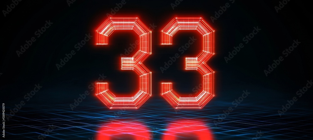 Poster luminous red glowing number 33 with futuristic neon effect on a digital abstract background.