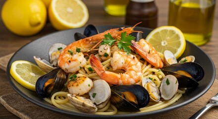 Gourmet shrimp spaghetti served with clams.
