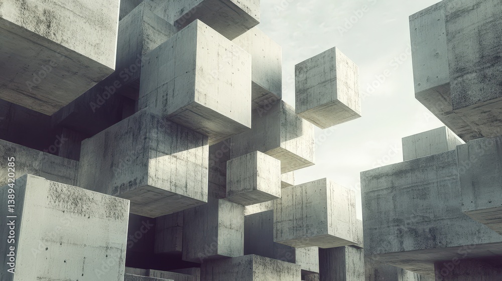 Poster mesmerizing construction scene where abstract concrete blocks hover and assemble into an avant-garde