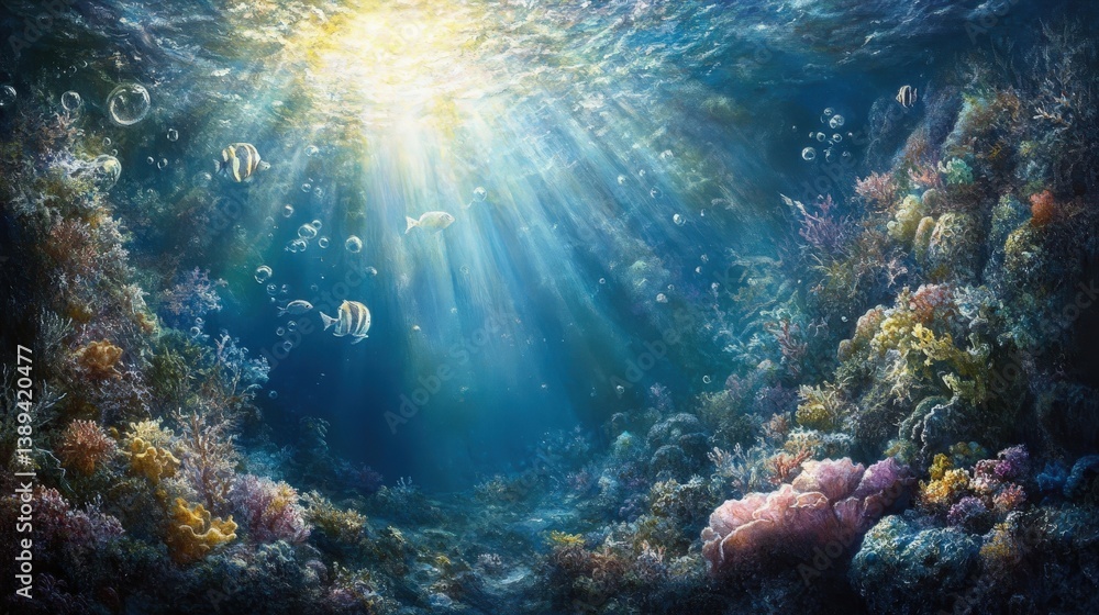 Poster a mesmerizing deep-sea scene where sunlight filters through the ocean, illuminating the mysterious d