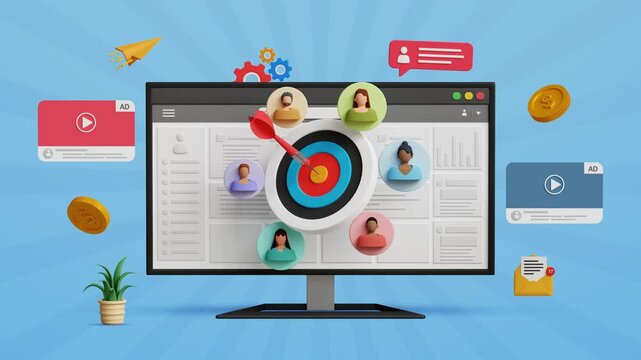 Target customer, marketing segmentation, ads strategy, digital marketing, advertising campaign, customer acquisition concept. 3D computer screen with dartboard and target audience. 4K 3D animation