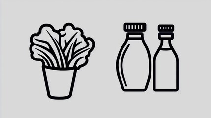 Line art illustration of lettuce and dressing icon for health food packaging design