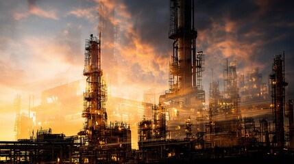 Obraz premium Closeup of Industrial Refinery with Complex Structures and Lighting