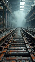 Rusty industrial railway tracks in abandoned warehouse