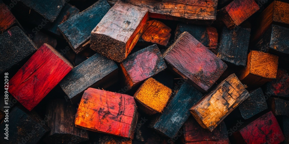 Poster stacked lumber colorful weathered wood blocks in abstract arrangement, abstract texture background