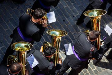 Musicians Performing Brass Instruments During Holy Week in Seville, Spain