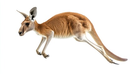 Red Kangaroo in mid-leap against white background. Potential use educational materials, wildlife photography
