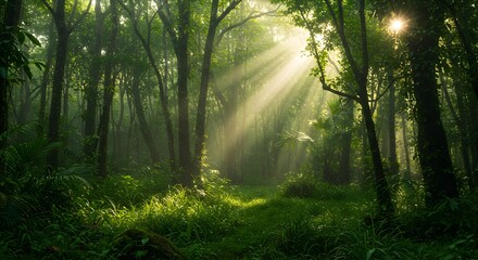 Obraz premium Sunbeams Illuminating Lush Tropical Rainforest Serene Nature Photography