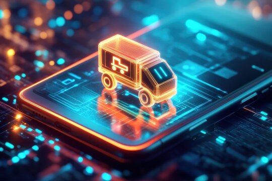 A futuristic concept of an online shopping app where a glowing delivery truck icon floats above a smartphone.