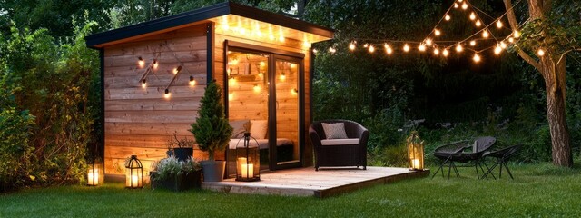 Obraz premium Cozy Garden Retreat with String Lights and Outdoor Seating Area