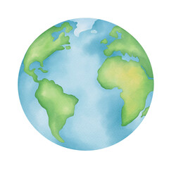 Watercolor earth illustration with green lands and blue ocean.
