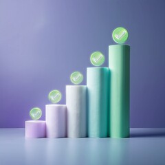 A visually appealing graph made of pastel cylindrical shapes, showcasing progress with checkmarks indicating success.