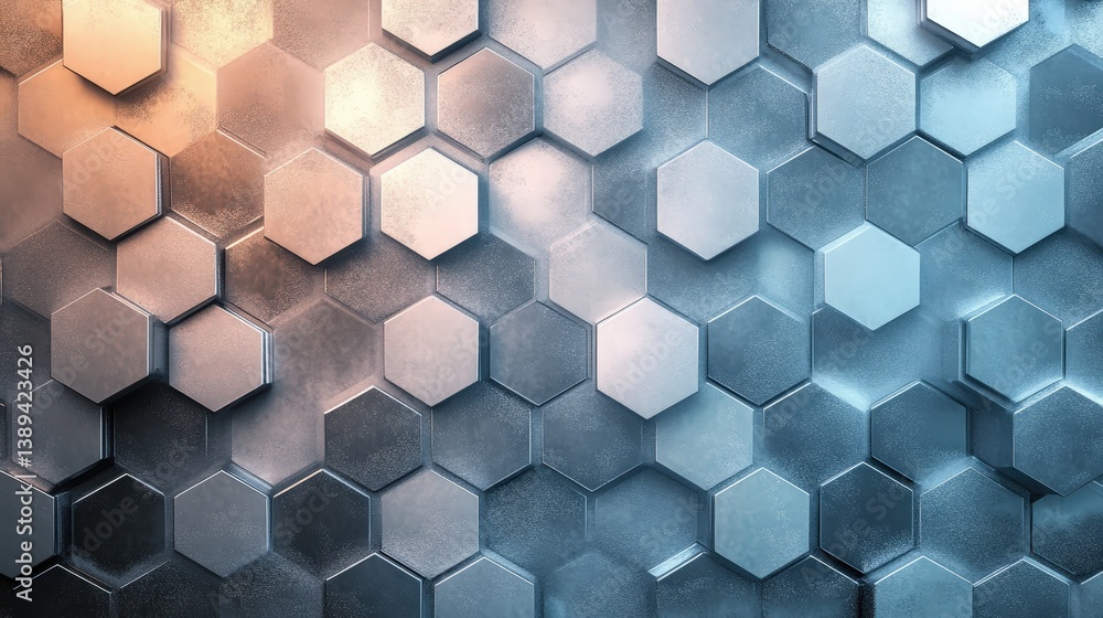 Poster a mesmerizing geometric pattern of tessellated hexagons filled with subtle gradients and metallic te