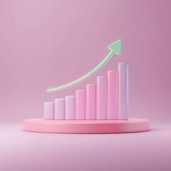 A stylized graph in pastel colors depicting growth, with ascending bars and a curved arrow, set against a soft pink background.
