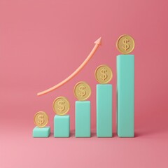 A stylized graph with increasing bars and gold coins, symbolizing financial growth and success against a pink backdrop.