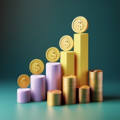 The image depicts a colorful chart of stacked coins and blocks, symbolizing financial growth and investment.