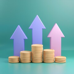 A visual representation of financial growth featuring stacked coins and upward arrows against a gradient background.